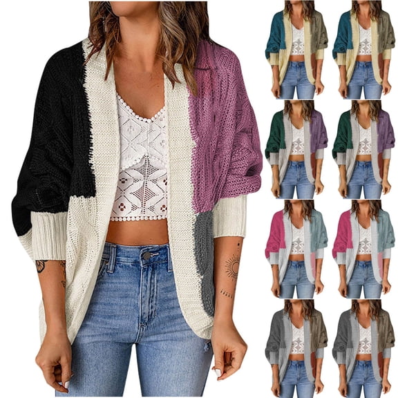 Lovskoo 2024 Cardigan Sweaters for Women Winter Contrast Color Cardigan Long Sleeve Sweater Cardigan Jacket Tops Olive Green