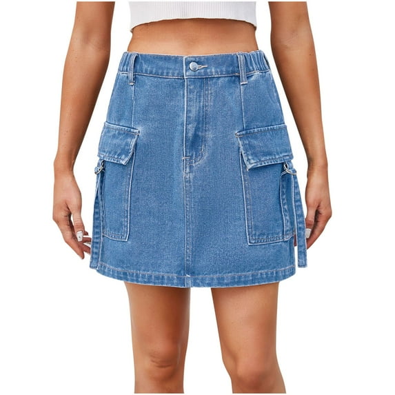 Lovskoo 2024 Cargo Skirt for Women High Waist Elastic Waist Y2K Mini Skirt Cute Denim Skirt with Pockets Light Blue S