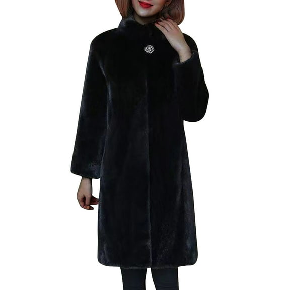 Lovskoo Women Faux Fur Coat Winter Elegant Thick Warm Fashion Outerwear Long Jacket Black