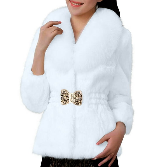Lovskoo Women Faux Fur Coat Winter Elegant Thick Warm Fashion Outerwear Short Jacket White