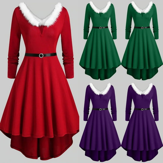 Lovskoo 2024 Christmas Dresses for Women Evening Gown Furry V Neck Long Sleeve Solid Color Irregular Hem Swing Midi Dress Winter Holiday Casual Party Dress Purple