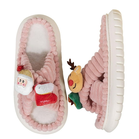 Lovskoo 2024 Christmas Slippers for Women And Men Couple Shoes Flat Fleece Non-Slip Home Shoes Linen Comfortable Platform Slippers Pink