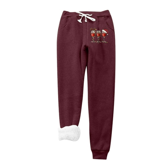 Lovskoo 2024 Christmas Sweatpants for Women High Waisted Fleece Lined Wine Glass Print Leggings Thick Warm Workout Active Joggers Pants Elastic Drawstring Lounge Bottoms with Pockets Burgundy