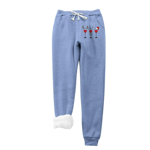 Lovskoo 2024 Christmas Sweatpants for Women High Waisted Fleece Lined Wine Glass Print Leggings Thick Warm Workout Active Joggers Pants Elastic Drawstring Lounge Bottoms with Pockets Blue
