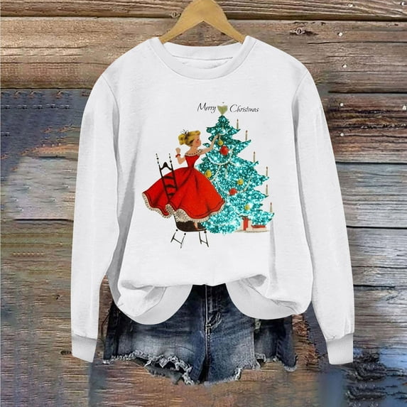 Lovskoo Novelty Christmas Sweatshirt for Women Casual Printed Long Sleeve Pullover Tops Blouse Sweatshirt White