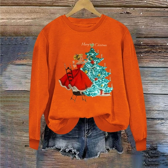 Lovskoo Novelty Christmas Sweatshirt for Women Casual Printed Long Sleeve Pullover Tops Blouse Sweatshirt Orange