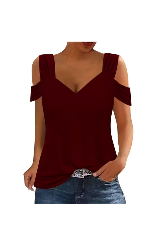2024 Cold Shoulder Tops Tunic Summer Slim Shirts for Women T Shirts V Neck Short Sleeve Casual Tees Tops Burgundy S