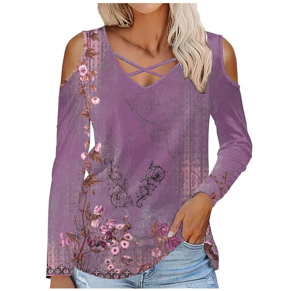 Lovskoo Cold Shoulder Tops for Womens Fall Tops Floral Printed Fashion Long Sleeve Shirt Purple