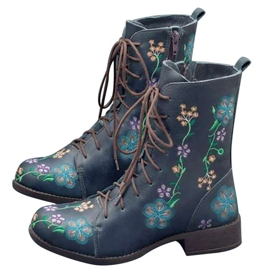 Lovskoo 2024 Combat Ankle Boots for Women Leather Wedding Dress Shoes Round Toe Vintage Embroidered Printed Fashion Dress Boots Blue