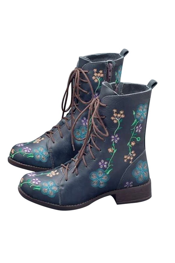 Combat Ankle Boots for Women Leather Wedding Dress Shoes Round Toe Vintage Embroidered Printed Fashion Dress Boots Blue