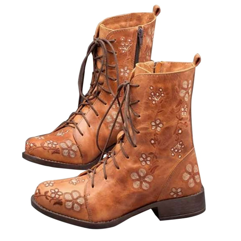 Lovskoo Combat Ankle Boots for Women Leather Wedding Dress Shoes Round Toe Vintage Embroidered Printed Fashion Dress Boots Yellow, Women's, Size: 9 Lovskoo Combat Ankle Boots for Women Leather Wedding Dress Shoes Round Toe Vintage Embroidered Printed Fashion Dress Boots Yellow, Women's, Size: 9