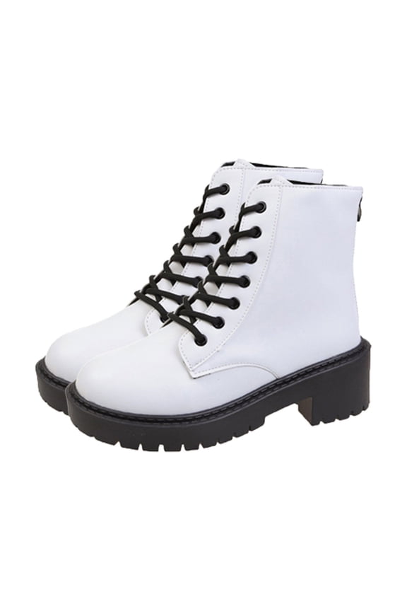 2024 Combat Boots Womens Round Toe Platform Boots for In Fall And Winter Style British Style Dressy Front Lace-Up Mid-Heeled Handsome Motorcycle White