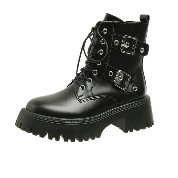 Lovskoo 2024 Combat Boots Womens Round Toe Platform Buckle Slip On Fall Heeled Short Boots Shoes Black