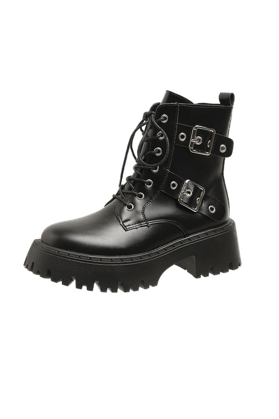 Combat Boots Womens Round Toe Platform Buckle Slip On Fall Heeled Short Boots Shoes Black