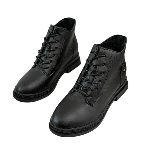 Lovskoo 2024 Combat Boots Womens Round Toe Platform Vintage Elastic Dressy Flat Heeled Frenum Shoes Black