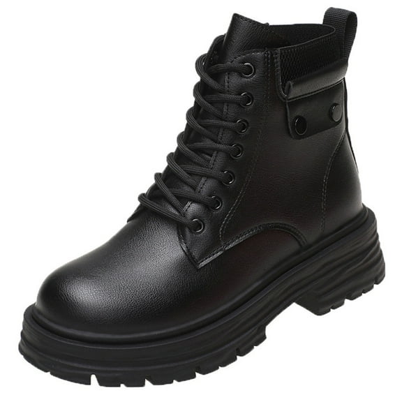 Lovskoo 2024 Combat Boots Womens Round Toe Platform Slip On Fall Heeled Short Boots Shoes Black