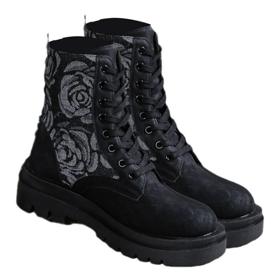 Lovskoo 2024 Combat Boots Womens Round Toe Platform Vintage Elastic Dressy Flat Heel Flat Heeled Frenum Shoes Black