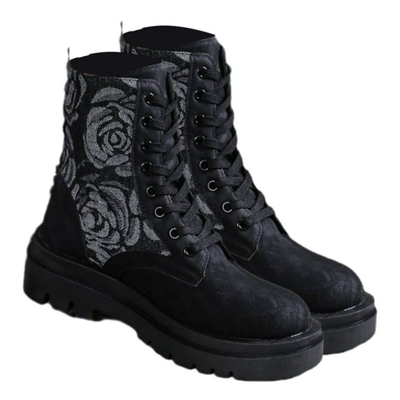 Lovskoo 2024 Combat Boots Womens Round Toe Platform Vintage Elastic Dressy Flat Heel Flat Heeled Frenum Shoes Black