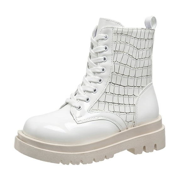 Lovskoo 2024 Combat Boots Womens Round Toe Platform Vintage Elastic Dressy Flat Heeled Frenum Shoes White