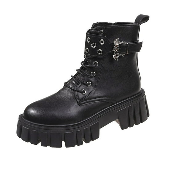 Lovskoo 2024 Combat Boots Womens Round Toe Side Buckle Vintage Slip On Leather Shoes Western Platform Fall Boots Black