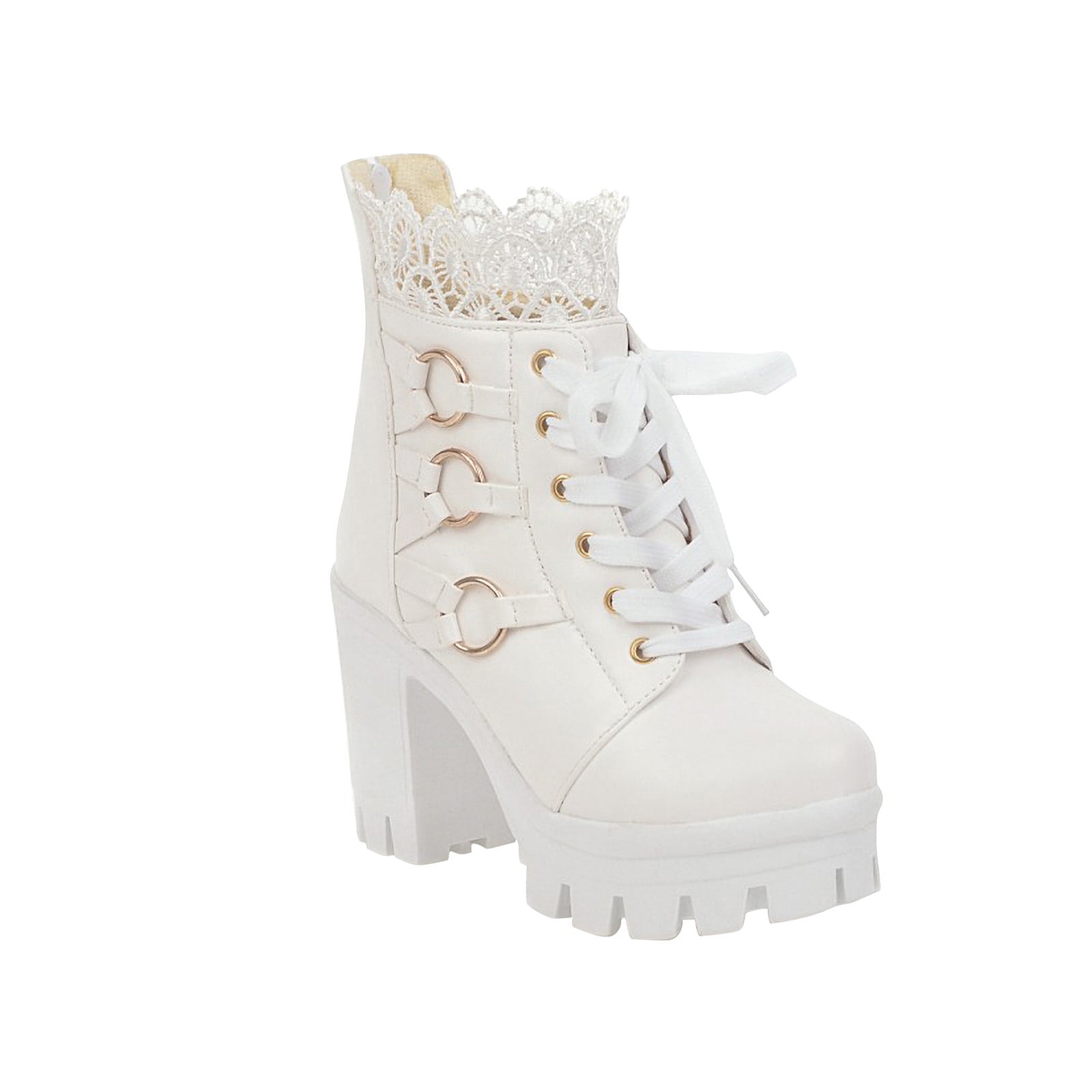 Lovskoo 2024 Coplay Platform Boots for Women Leather Large Size Chunky Stacked Heel Round Toe Lace Up Cute Shoes Fall Winter Mid Calf Boots Hollow