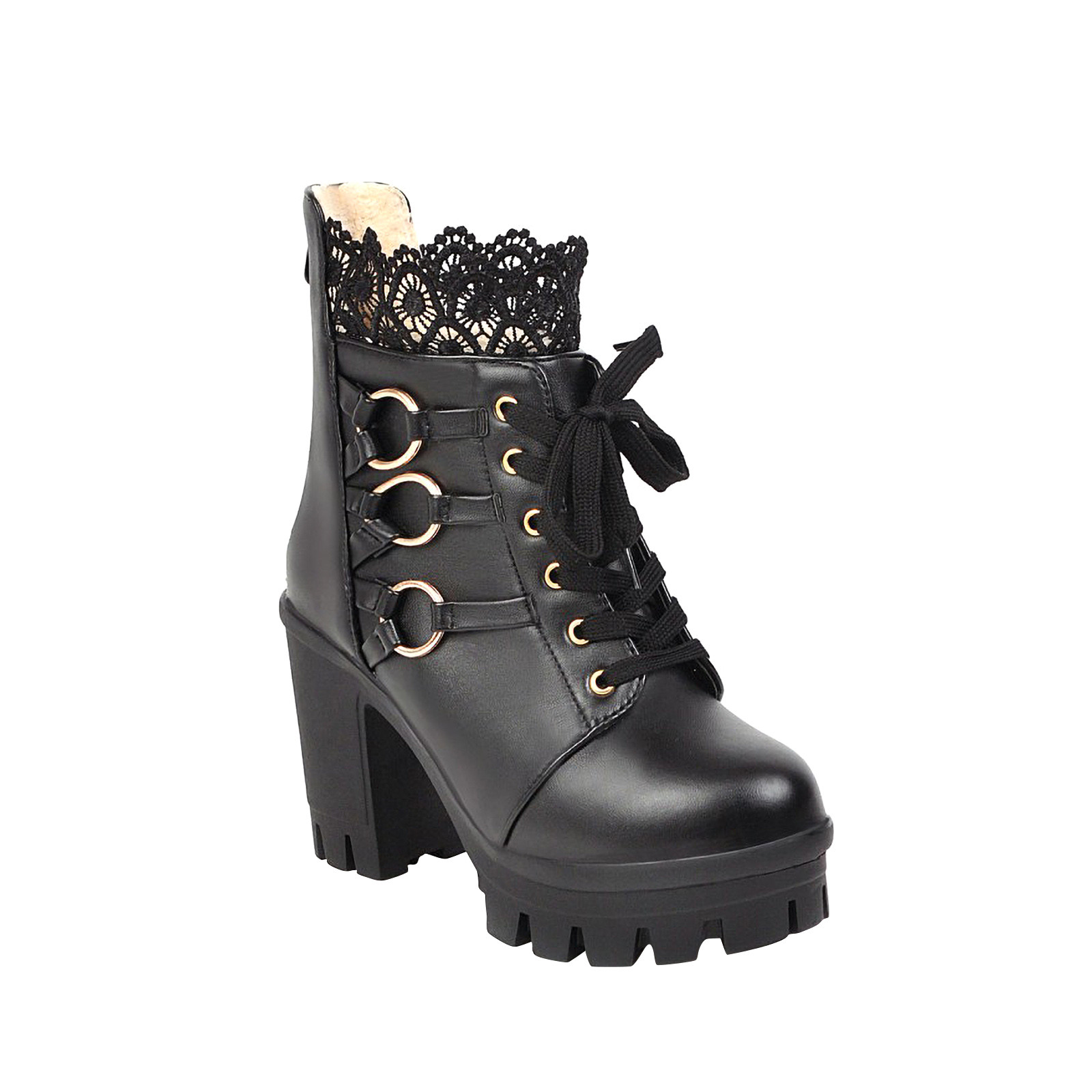 Lovskoo 2024 Coplay Platform Boots for Women Leather Large Size Chunky Stacked Heel Round Toe Lace Up Cute Shoes Fall Winter Mid Calf Boots Hollow Lace Ankle Booties Black Walmart