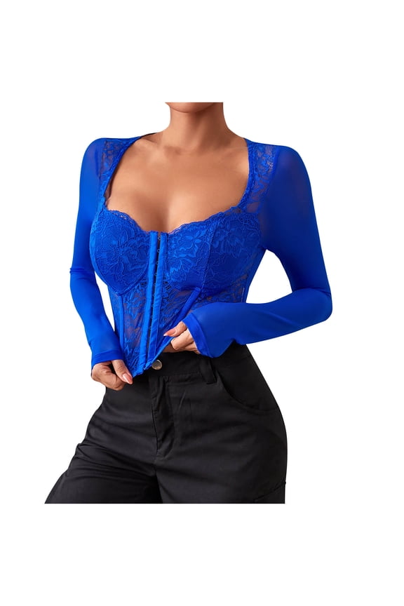 2024 Corset Tops for Women Steampunk Renaissance Corset Lace Perspective Mesh Flower Print Retro Fishbone Strap Waist Halloween Corset Blue