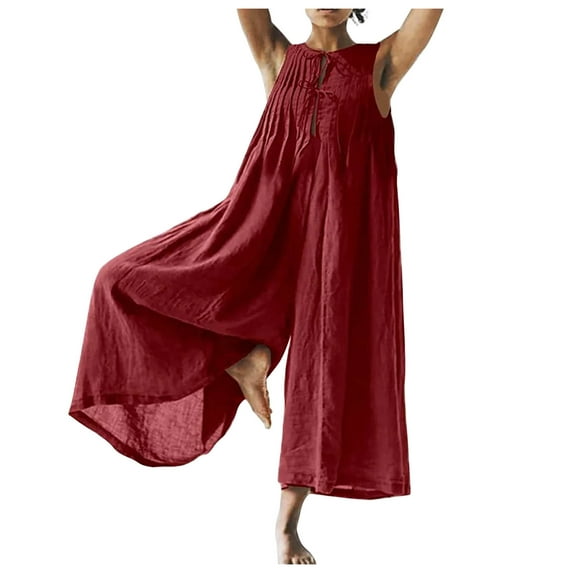 Lovskoo 2024 Cotton Linen Jumpsuits for Women Dressy Casual Plus Size Zipper Jumpsuit Summer Sleeveless Crewneck Elastic Waist Long Rompers Burgundy