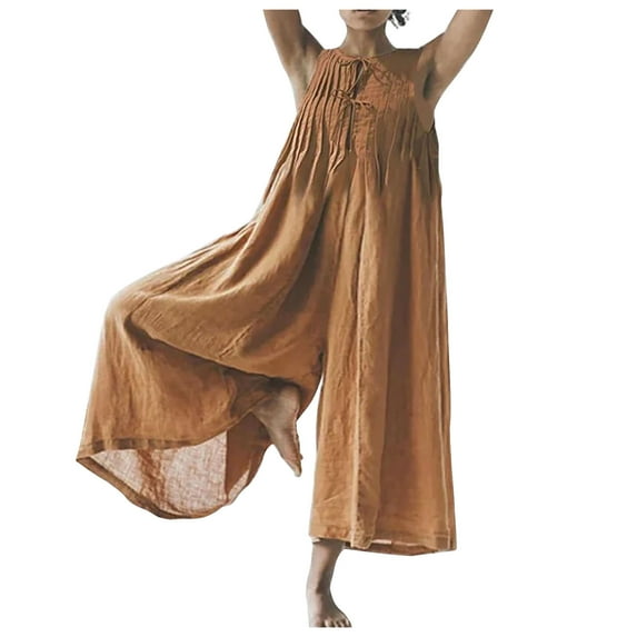 Lovskoo 2024 Cotton Linen Jumpsuits for Women Dressy Casual Plus Size Zipper Jumpsuit Summer Sleeveless Crewneck Elastic Waist Long Rompers Yellow