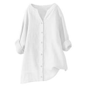 Lovskoo Cotton Linen Shirts for Women Long Sleeve Button Front V Neck Loose Tunic Summer Blouse White 2XL