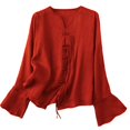 thumbnail image 1 of Lovskoo 2024 Cotton Linen Shirts for Women Long Sleeve Button Up V Neck Summer Casual Solid Color Loose Top Red M, 1 of 6