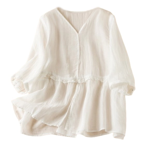 Lovskoo 2024 Cotton Linen Tops for Women 3/4 Short Sleeve Summer Casual Solid Color Loose Round Neck Top White XL