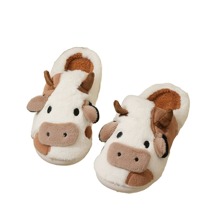 Lovskoo 2024 Cow Slippers for Women and Men Closed Toe Winter Cute Animal  Home Cotton Slippers for Couples Warm Thickened Indoor Non-Slip Shoes Brown  