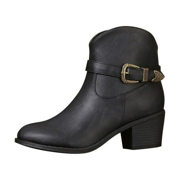 Lovskoo 2024 Cowboy Boots for Women Leather Low Chunky Stacked Heel Pointed Toe Shoes Solid Color Retro with Fashion Belt Warm Middle Ankle Booties Black