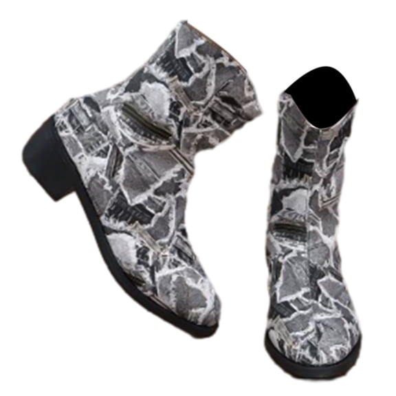 Lovskoo 2024 Cowboy Boots for Women Pointed Toe Chunky Heel Vintage Elastic Dressy Mid Heel Cusp Toe Low Heeled Zipper Shoes Gray