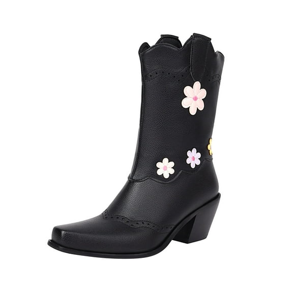 Lovskoo 2024 Cowboy Boots for Women Wide Calf Leather High Chunky Stacked Heel Pointed Toe Large Size Flower Thick Heel Short Ankle Booties Black