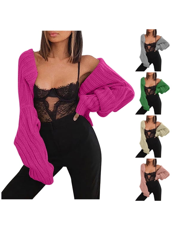 Cropped Cardigan Sweaters for Women Open Front Ladies Solid Color Short Long Sleeve Jacket Knit Tops Beige