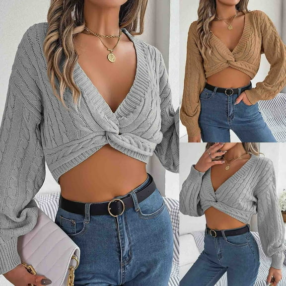 Lovskoo 2024 Cropped Sweaters for Women Trendy Cross Casual Long Sleeve V-Neck Solid Ladies Twist Front Tops Blouse Gray