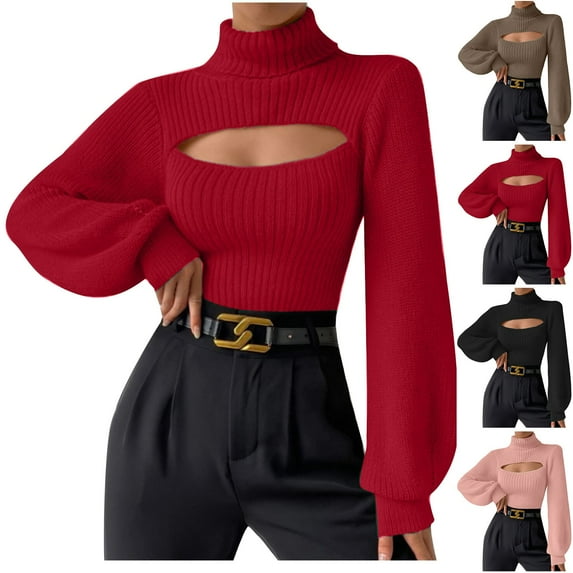 Lovskoo 2024 Cropped Sweaters for Women Winter Trendy Cut Out Long Sleeve Turtleneck Sweater Top Claret