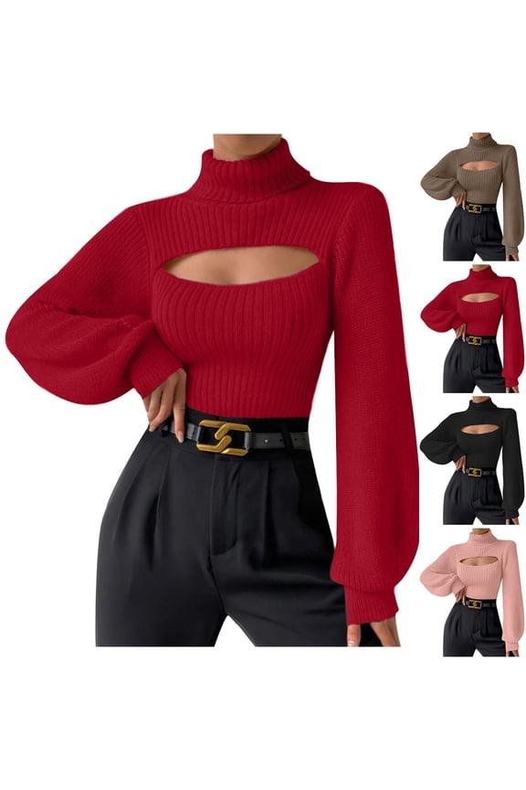 2024 Cropped Sweaters for Women Winter Trendy Cut Out Long Sleeve Turtleneck Sweater Top Pink
