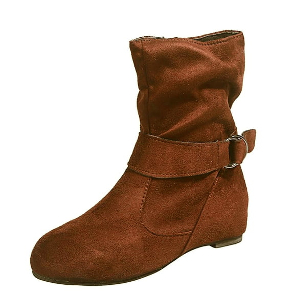 Lovskoo 2024 Dressy Ankle Boots for Women faux Suede Wedge Invisible Height Increasing Elevator Shoes Retro Buckle Low Heels Zipper Fall Winter Short Booties Yellow