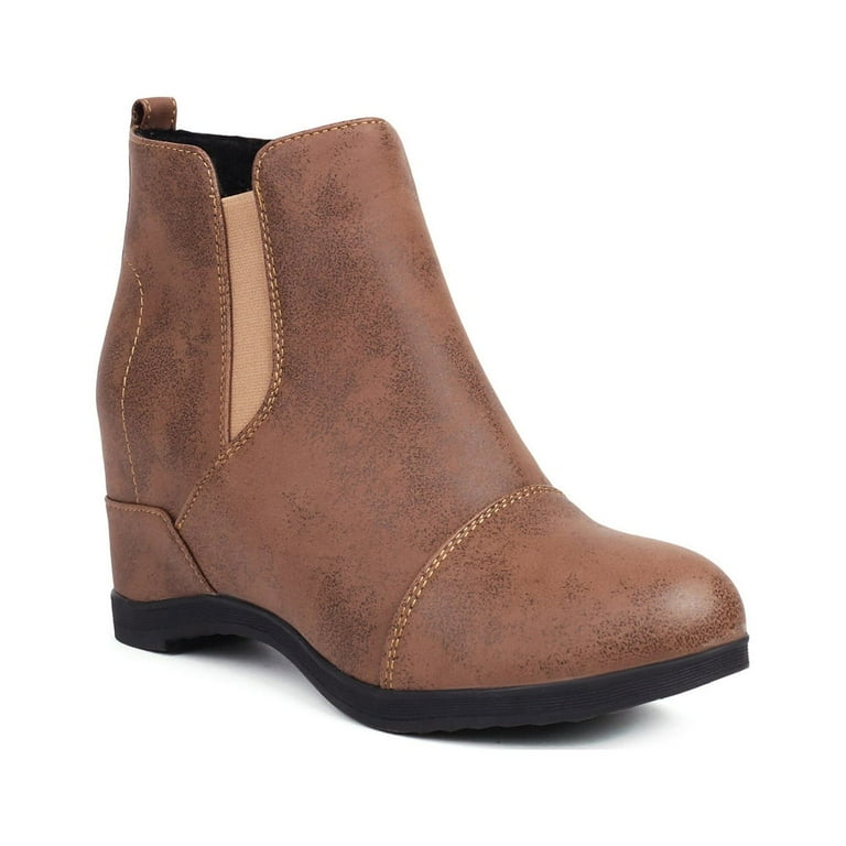 Lovskoo 2024 Dressy Ankle Boots for Women Faux Suede Invisible Height Increasing Elevator Shoes Wedge Round Toe Slip On Vintage Western Booties Brown Walmart