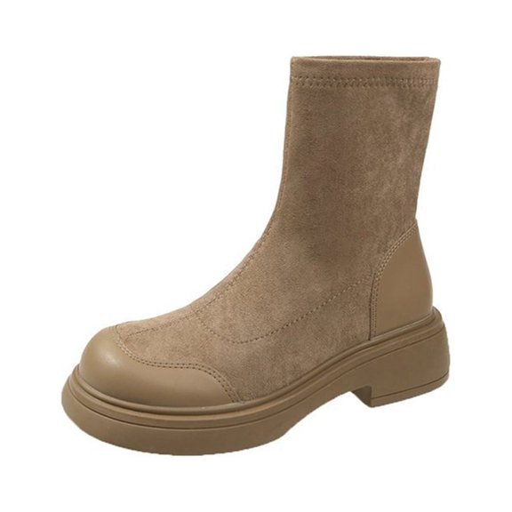 Lovskoo 2024 Dressy Ankle Boots for Women Stretch Round Toe Vintage Leather Fashion Ladies Comfortable Slip On Shoes High-Heeled Western Boots Khaki