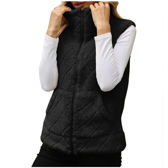 Lovskoo Womens Fuzzy Sherpa Fleece Jacket Vest Cozy Sleeveless Solid Cardigan Zipper Waistcoat Outerwear with Pocket Black