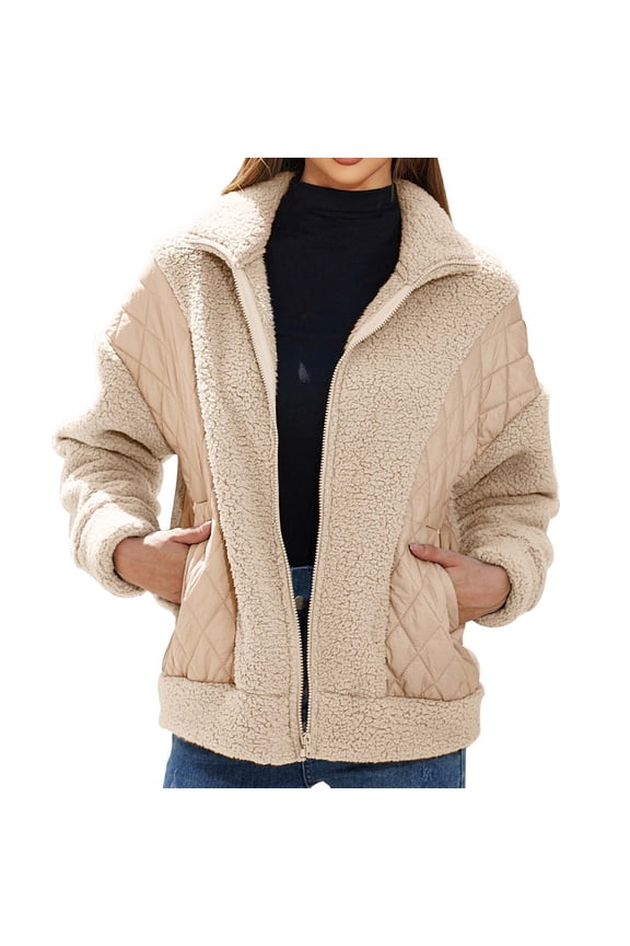 Fall And Winter Coats for Women Quilted Jacket Fashion Patchwork Sherpa Fleece Short Jacket Casual Solid Long Sleeve Zipper Plush Warm Overcoats Beige