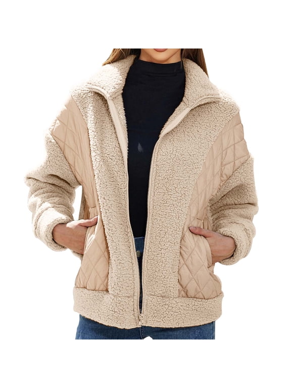 Fall And Winter Coats for Women Quilted Jacket Fashion Patchwork Sherpa Fleece Short Jacket Casual Solid Long Sleeve Zipper Plush Warm Overcoats Beige