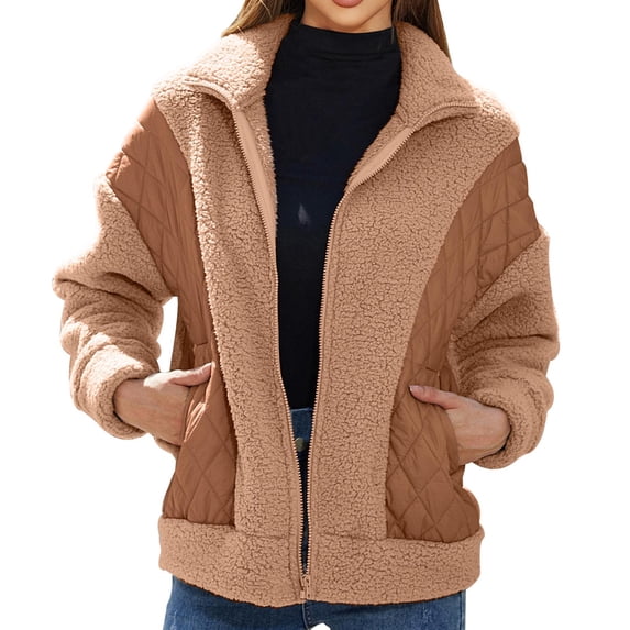 Lovskoo 2024 Fall And Winter Coats for Women Quilted Jacket Fashion Patchwork Sherpa Fleece Short Jacket Casual Solid Long Sleeve Zipper Plush Warm Overcoats Khaki