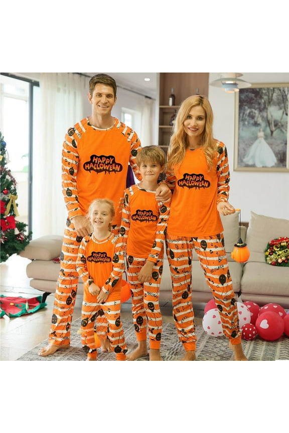 Rohuuque 2024 Family Pajamas Matching Sets Halloween Parent Casual Printed Long Sleeve Top With Bottom Outfits Loungewear Set Orange