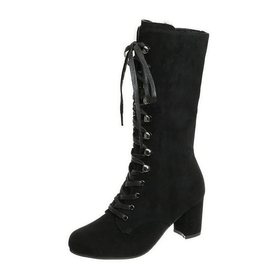 Lovskoo 2024 Faux Suede Cowboy Boots for Women Round Toe Casual Retro Shoes Thick Heel Large Size Mid Calf Boots Lace Up Chunky Block Heel Boots Black