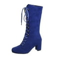 thumbnail image 1 of Lovskoo 2024 Faux Suede Cowboy Boots for Women Round Toe Casual Retro Shoes Thick Heel Large Size Mid Calf Boots Lace Up Chunky Block Heel Boots Blue, 1 of 8